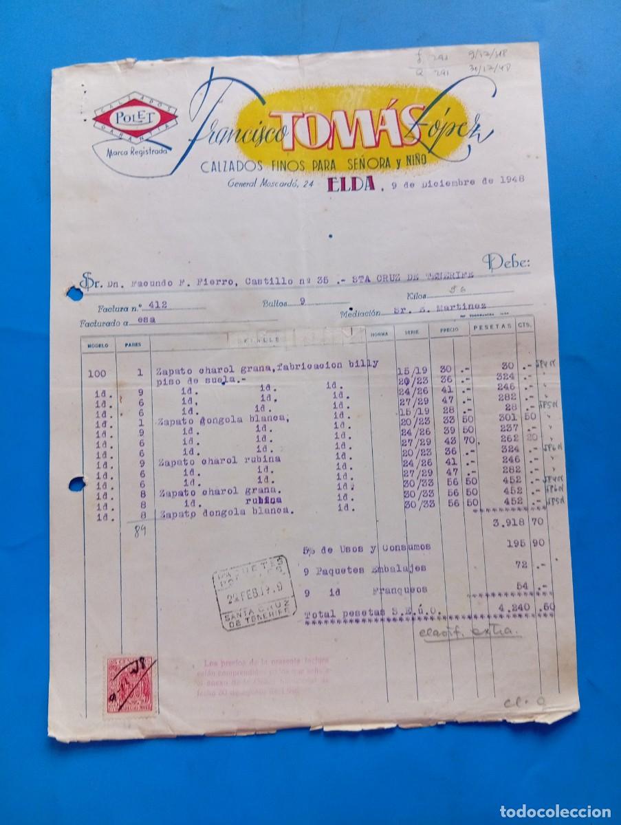 Facturas antiguas: FACTURA. ELDA, ALICANTE. 1948. CALZADOS FINOS PARA SE&Ntilde;ORA Y NI&Ntilde;O. FRANCISCO TOMAS LOPEZ. POLET.