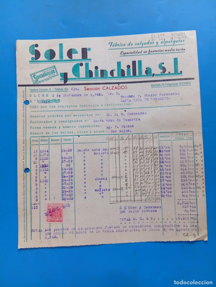 Facturas antiguas: FACTURA. ELCHE, ALICANTE. 1948. FABRICA DE CALZADOS Y ALPARGATAS. SOLER Y CHINCHILLA, S.L.