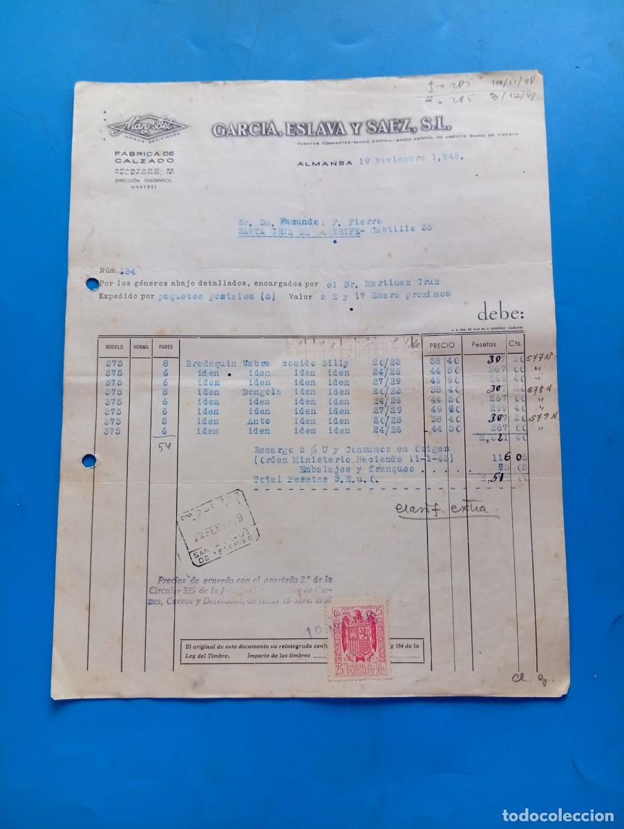 Facturas antiguas: FACTURA. ALMANSA, ALBACETE. 1948. FABRICA DE CALZADO. MARY BELL. GARCIA, ESLAVA Y SAEZ, S.L.