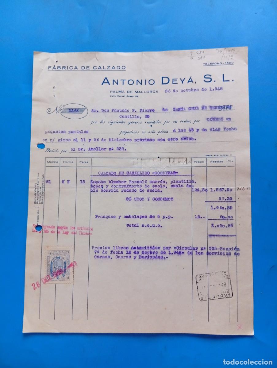 Facturas antiguas: FACTURA. PALMA DE MALLORCA. 1950. FABRICA DE CALZADO. ANTONIO DEY&Aacute;, S.L.