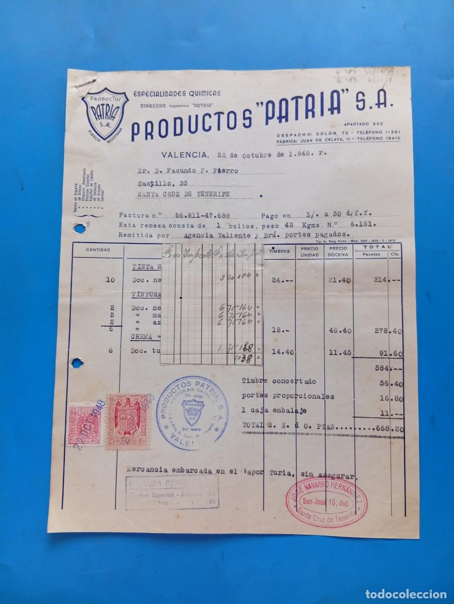 Facturas antiguas: FACTURA. VALENCIA. 1948. ESPECIALIDADES QUIMICAS. PRODUCTOS &rdquo;PATRIA&rdquo; S.A.