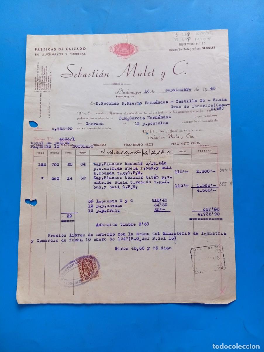 Facturas antiguas: FACTURA. LLUCHMAYOR, MALLORCA. 1948. FABRICAS DE CALZADO. SEBASTIAN MULET Y C&ordf;.
