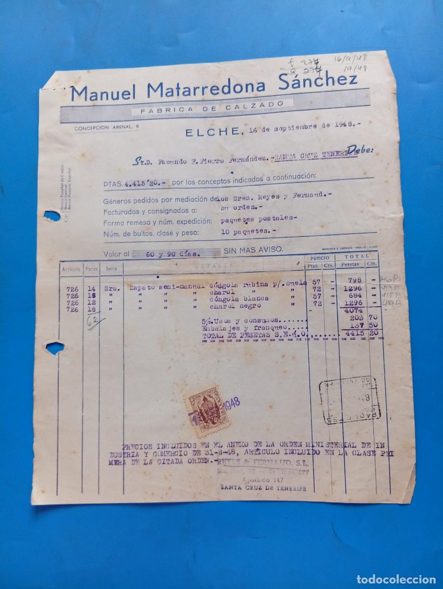 Facturas antiguas: FACTURA. ELCHE, ALICANTE. 1948. FABRICA DE CALZADO. MANUEL MATARREDONA SANCHEZ.
