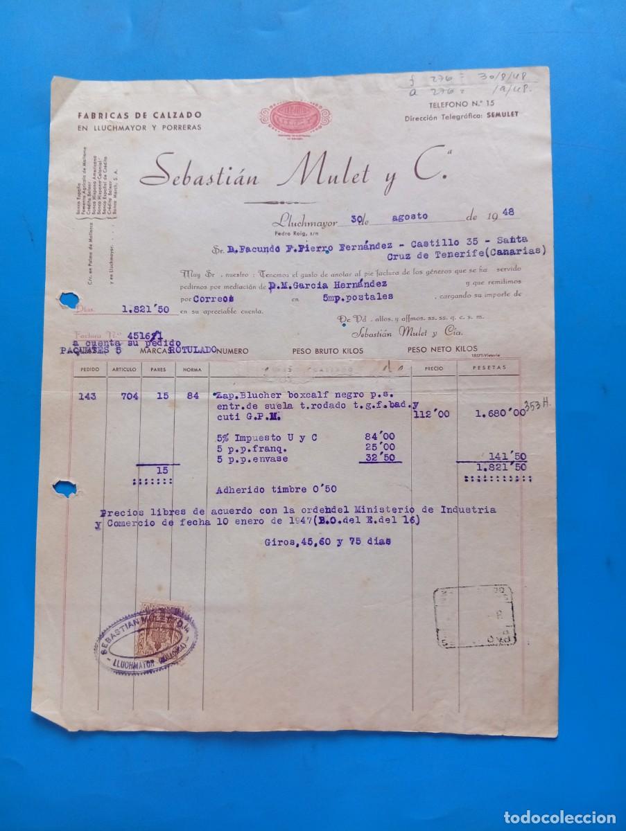 Facturas antiguas: FACTURA. LLUCHMAYOR, MALLORCA. 1948. FABRICAS DE CALZADO. SEBASTIAN MULET Y C&ordf;.