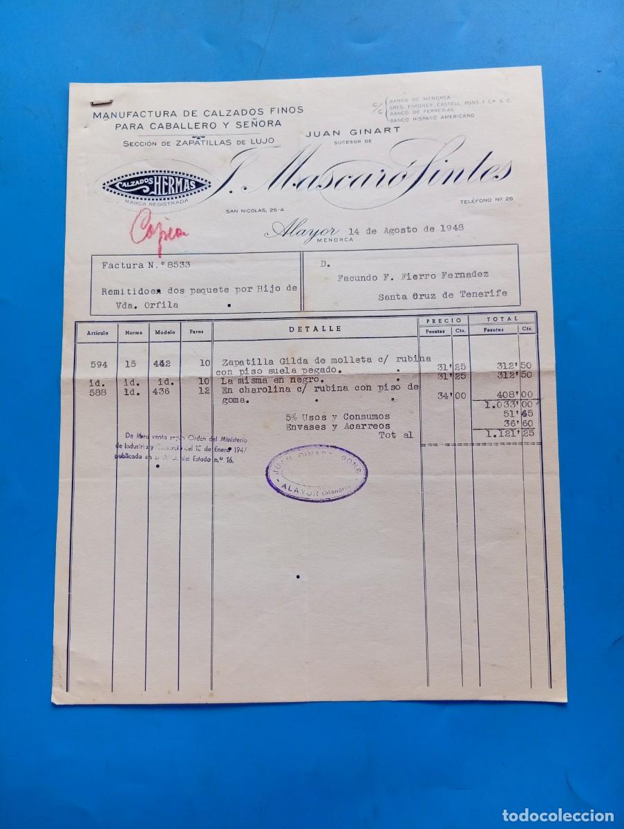 Facturas antiguas: FACTURA. ALAYOR, MENORCA. 1948. MANUFACTURA DE CALZADOS FINOS. J. MASCARO SINTES. CALZADOS HERMAS.