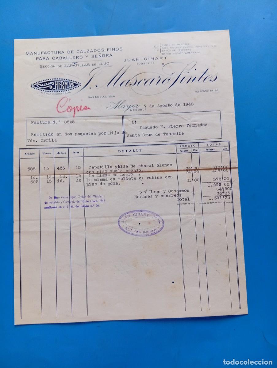 Facturas antiguas: FACTURA. ALAYOR, MENORCA. 1948. MANUFACTURA DE CALZADOS FINOS. J. MASCARO SINTES. CALZADOS HERMAS.