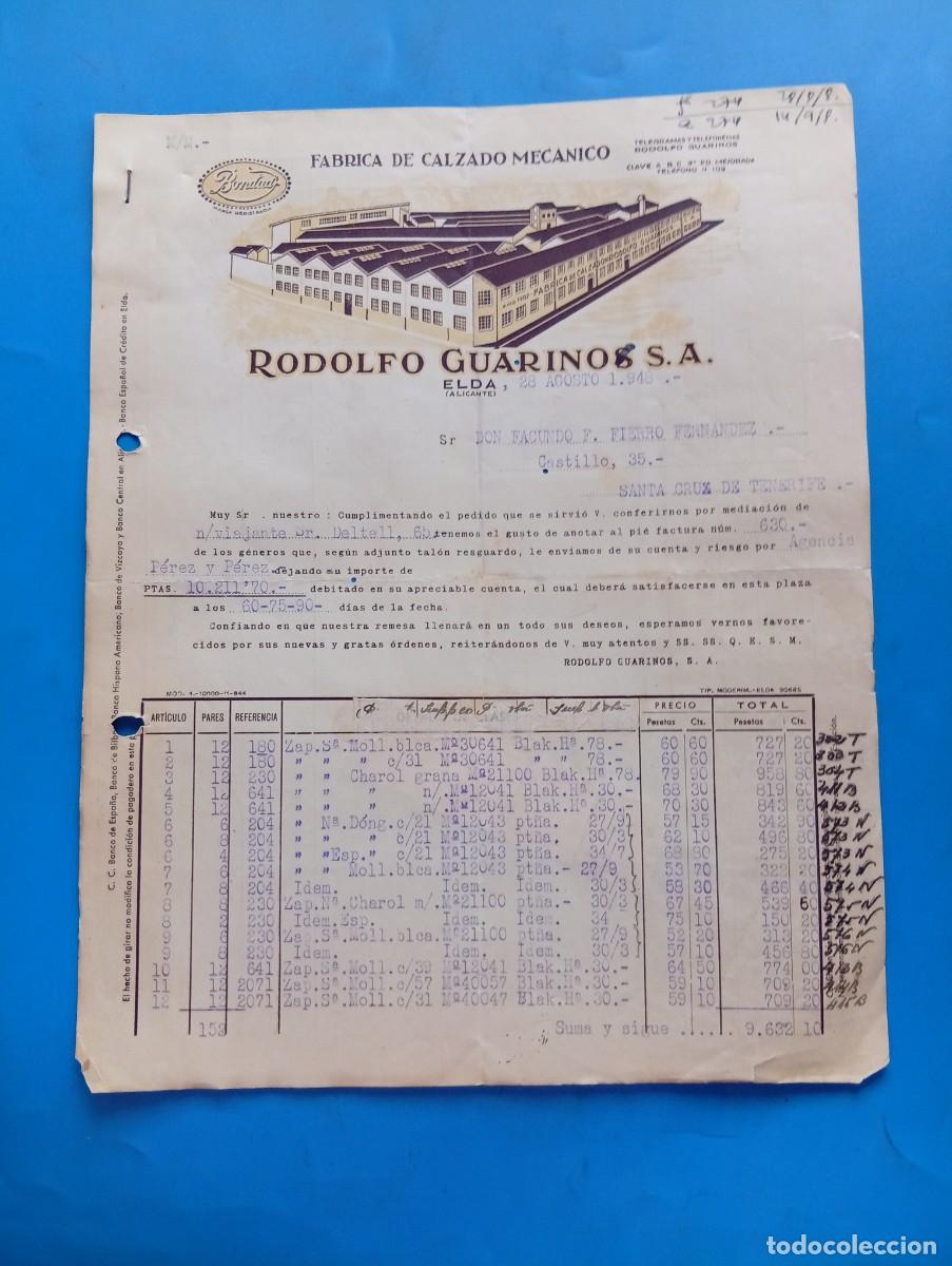 Facturas antiguas: FACTURA. ELDA, ALICANTE. 1948. FABRICA DE CALZADO MECANICO. RODOLFO GUARINOS, S.A