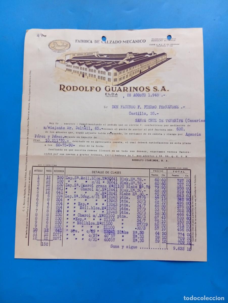Facturas antiguas: FACTURA. ELDA, ALICANTE. 1948. FABRICA DE CALZADO MECANICO. RODOLFO GUARINOS, S.A