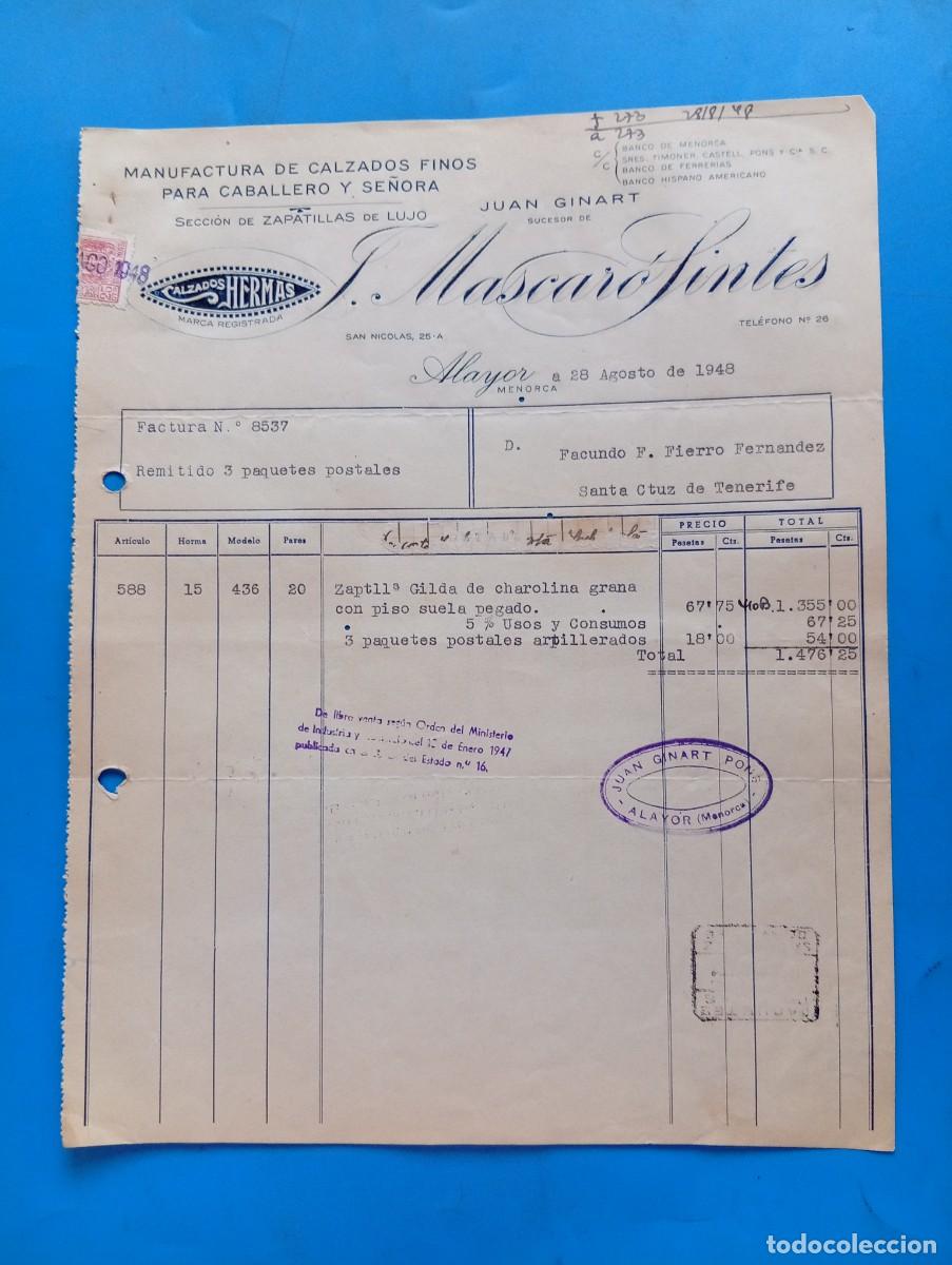 Facturas antiguas: FACTURA. ALAYOR, MENORCA. 1948. MANUFACTURA DE CALZADOS FINOS. J. MASCARO SINTES. CALZADOS HERMAS.