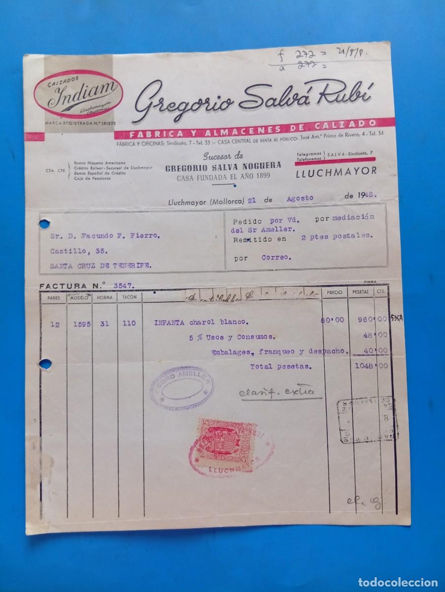 Facturas antiguas: FACTURA. LLUCHMAYOR, MALLORCA. 1948. FABRICA Y ALMACENES DE CALZADO. INDIAM. GREGORIO SALVA RUBI.