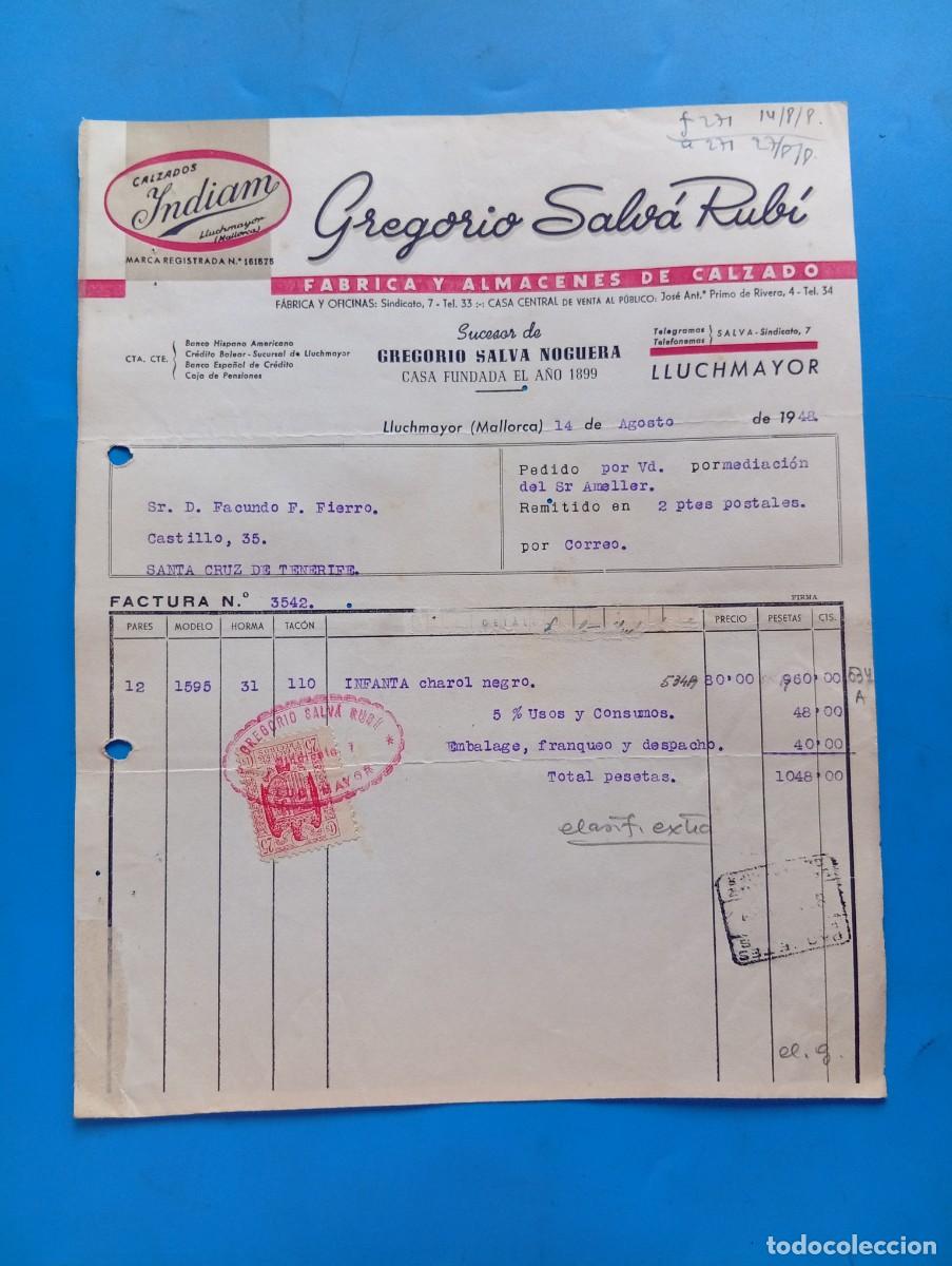 Facturas antiguas: FACTURA. LLUCHMAYOR, MALLORCA. 1948. FABRICA Y ALMACENES DE CALZADO. INDIAM. GREGORIO SALVA RUBI.