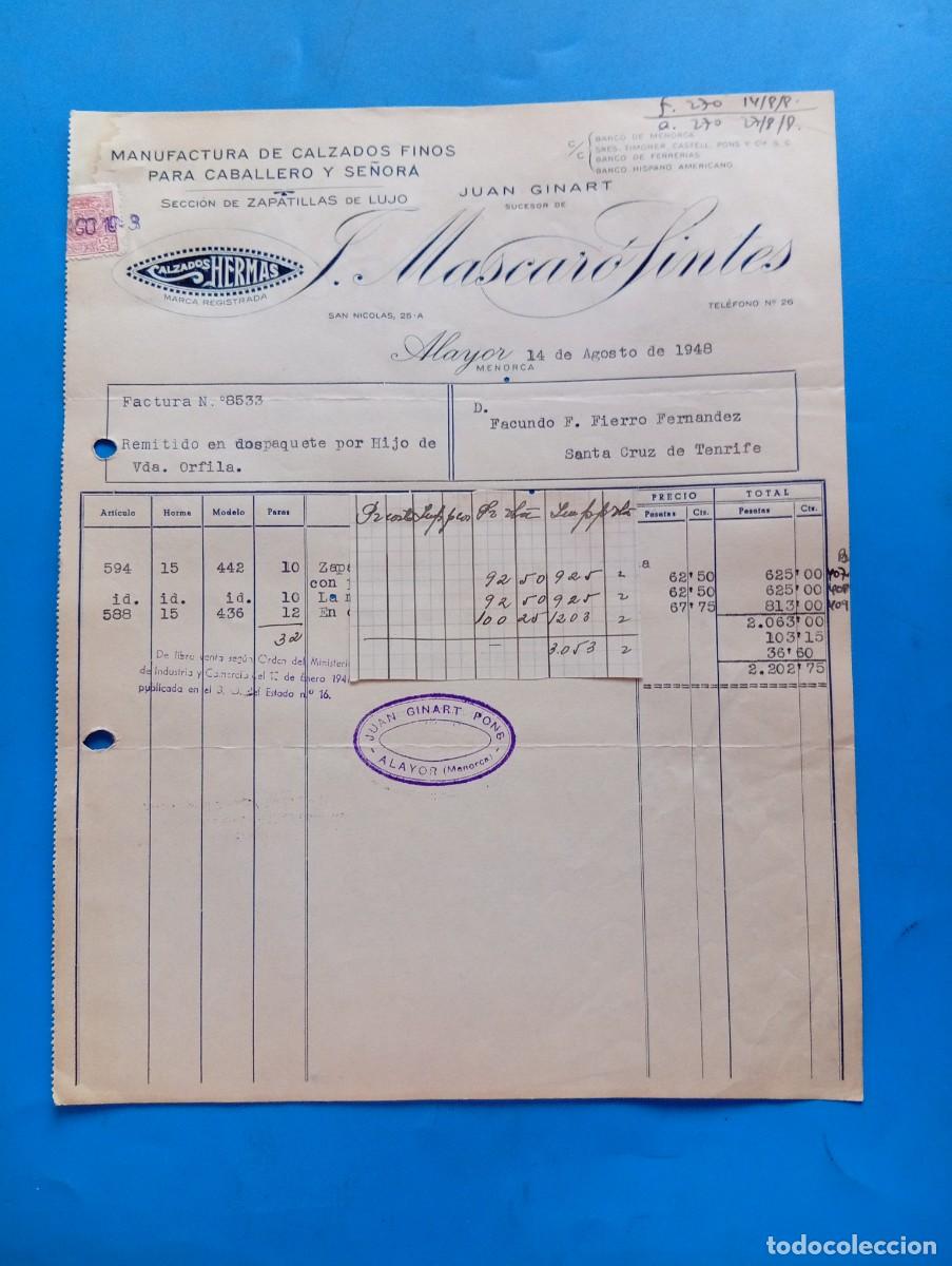 Facturas antiguas: FACTURA. ALAYOR, MENORCA. 1948. MANUFACTURA DE CALZADOS FINOS. J. MASCARO SINTES. CALZADOS HERMAS.
