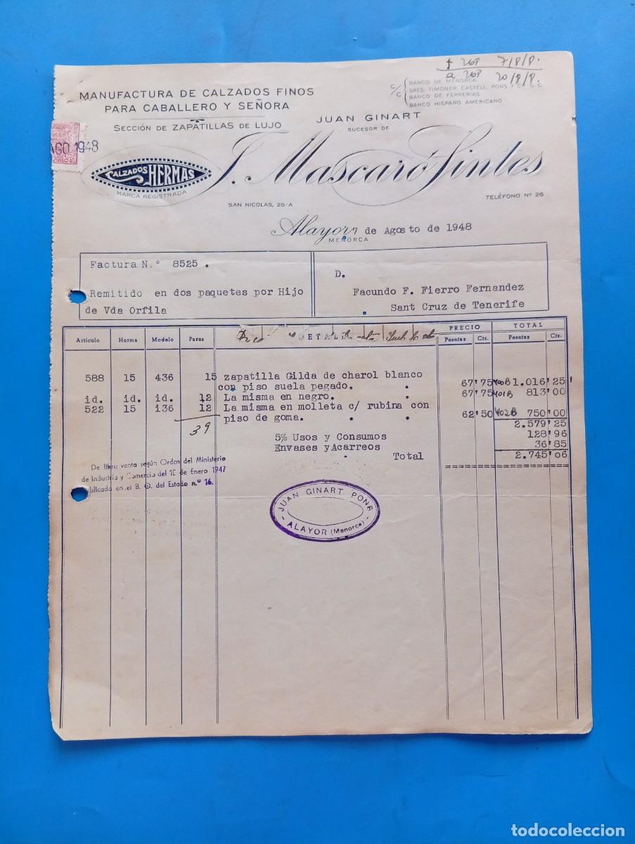 Facturas antiguas: FACTURA. ALAYOR, MENORCA. 1948. MANUFACTURA DE CALZADOS FINOS. J. MASCARO SINTES. CALZADOS HERMAS.