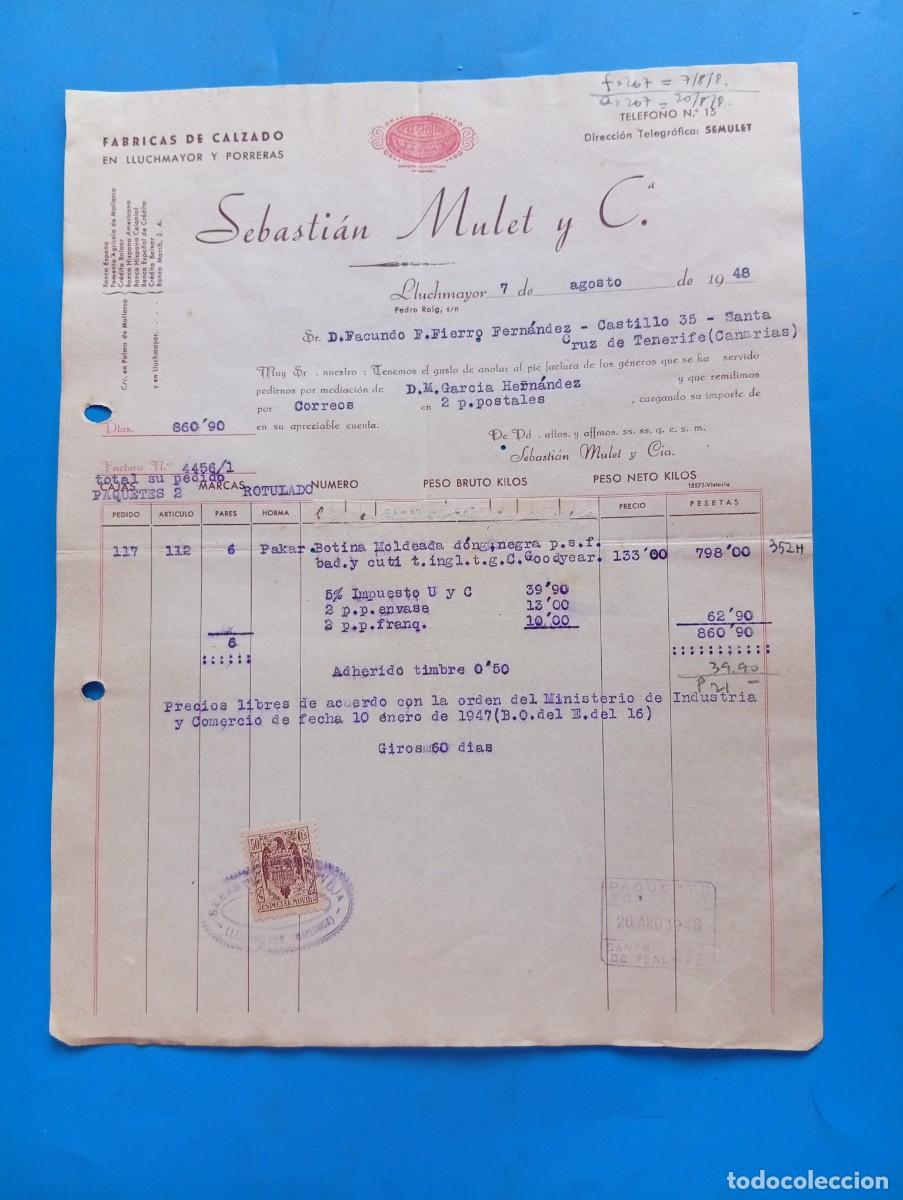 Facturas antiguas: FACTURA. LLUCHMAYOR, MALLORCA. 1948. FABRICAS DE CALZADO. SEBASTIAN MULET Y C&ordf;.
