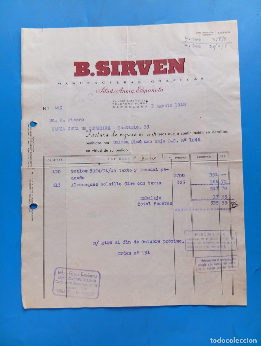 Facturas antiguas: FACTURA. BARCELONA. 1948. MANUFACTURAS GRAFICAS. B. SIRVEN. SDAD. ANMA. ESPA&Ntilde;OLA.