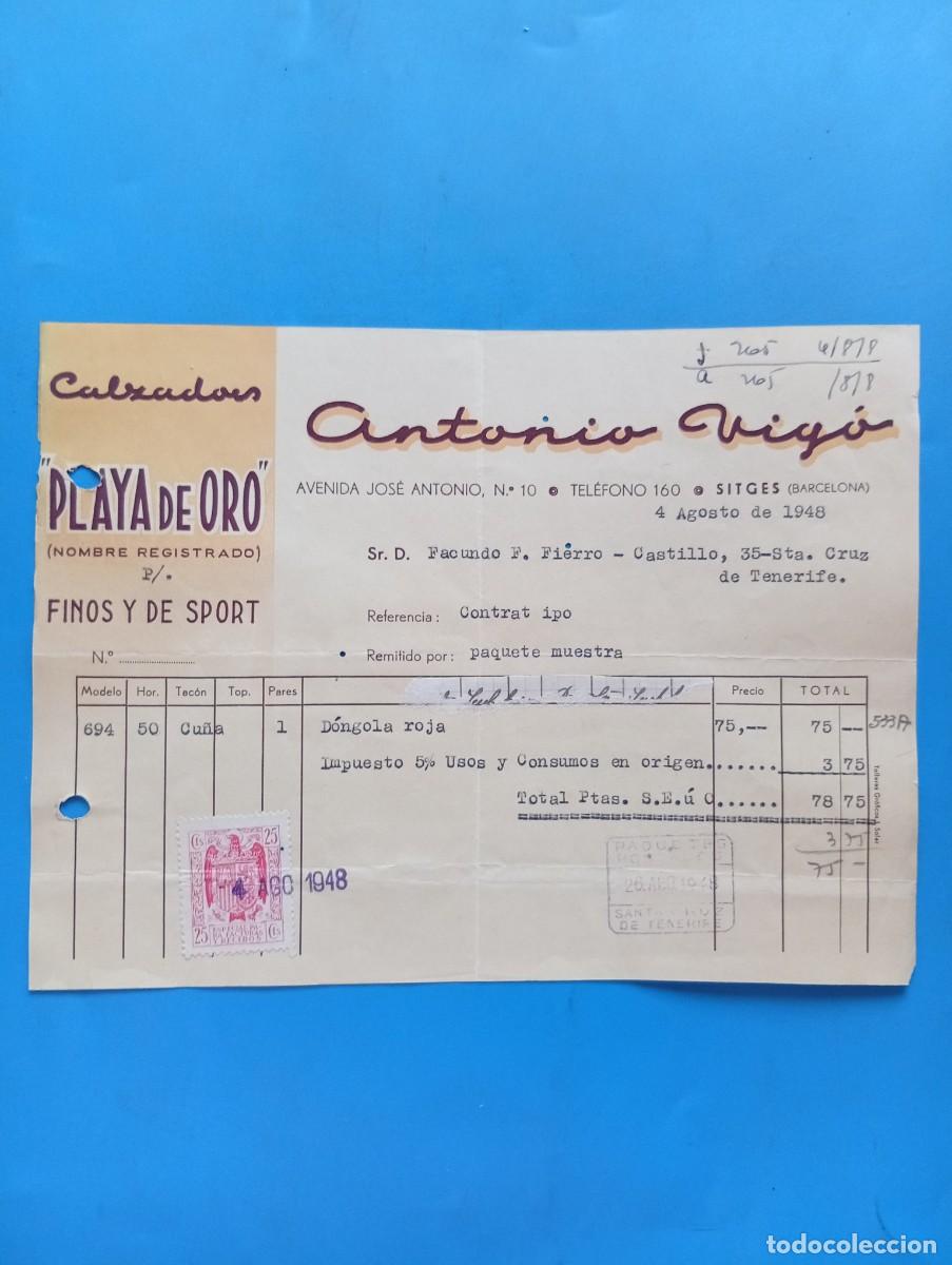 Facturas antiguas: FACTURA. SITGES, BARCELONA. 1948. CALZADOS &rdquo;PLAYA DE ORO&rdquo;. FINOS Y DE SPORT. ANTONIO VIGO.