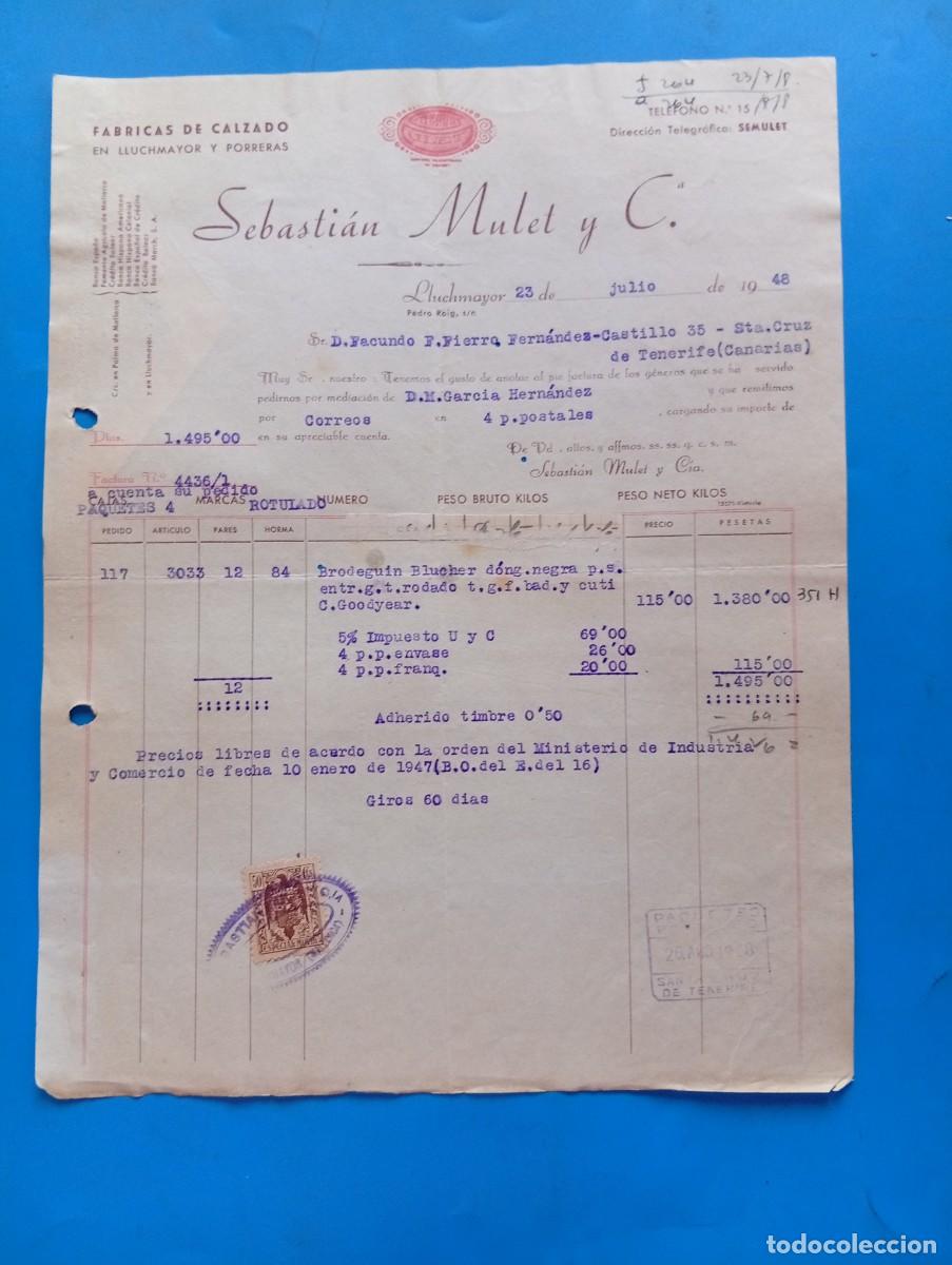 Facturas antiguas: FACTURA. LLUCHMAYOR, MALLORCA. 1948. FABRICAS DE CALZADO. SEBASTIAN MULET Y C&ordf;.