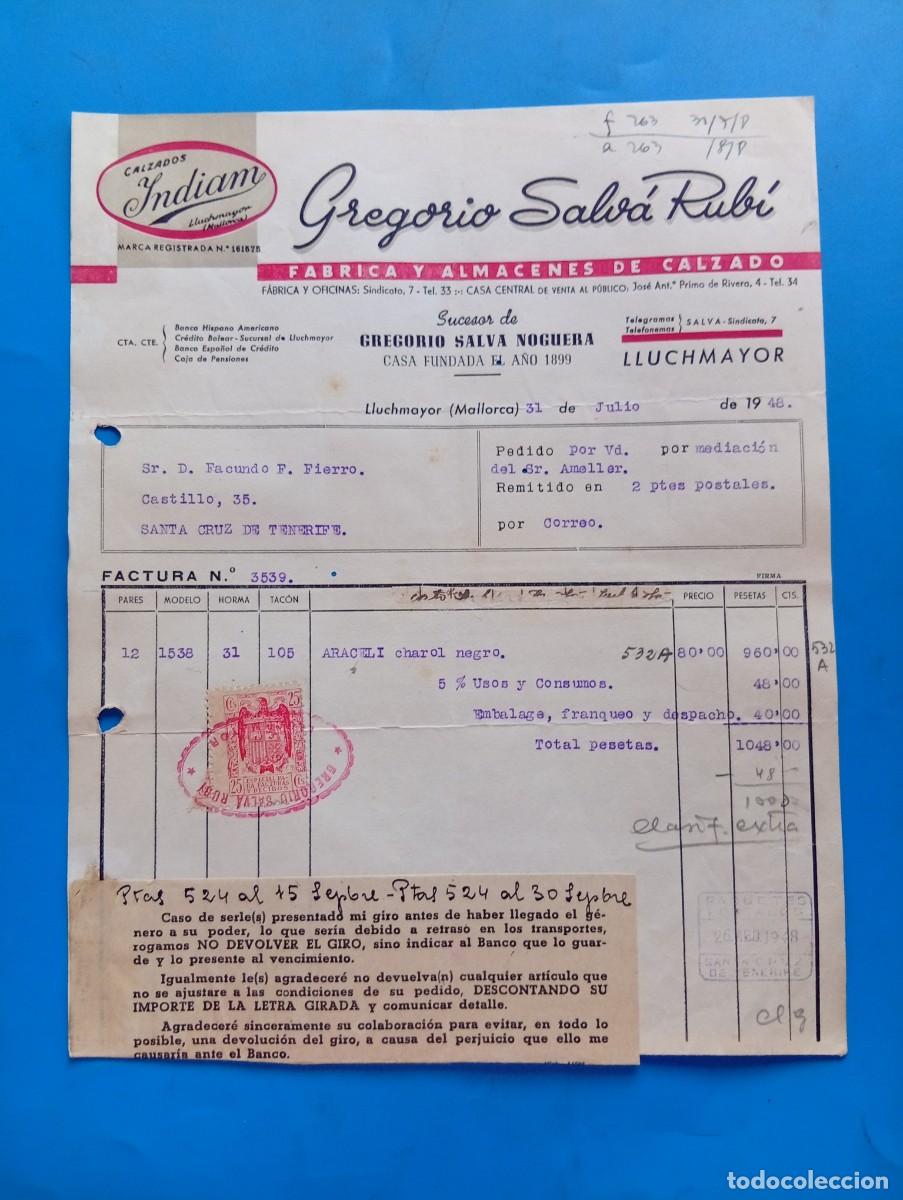 Facturas antiguas: FACTURA. LLUCHMAYOR, MALLORCA. 1948. FABRICA Y ALMACENES DE CALZADO. INDIAM. GREGORIO SALVA RUBI.