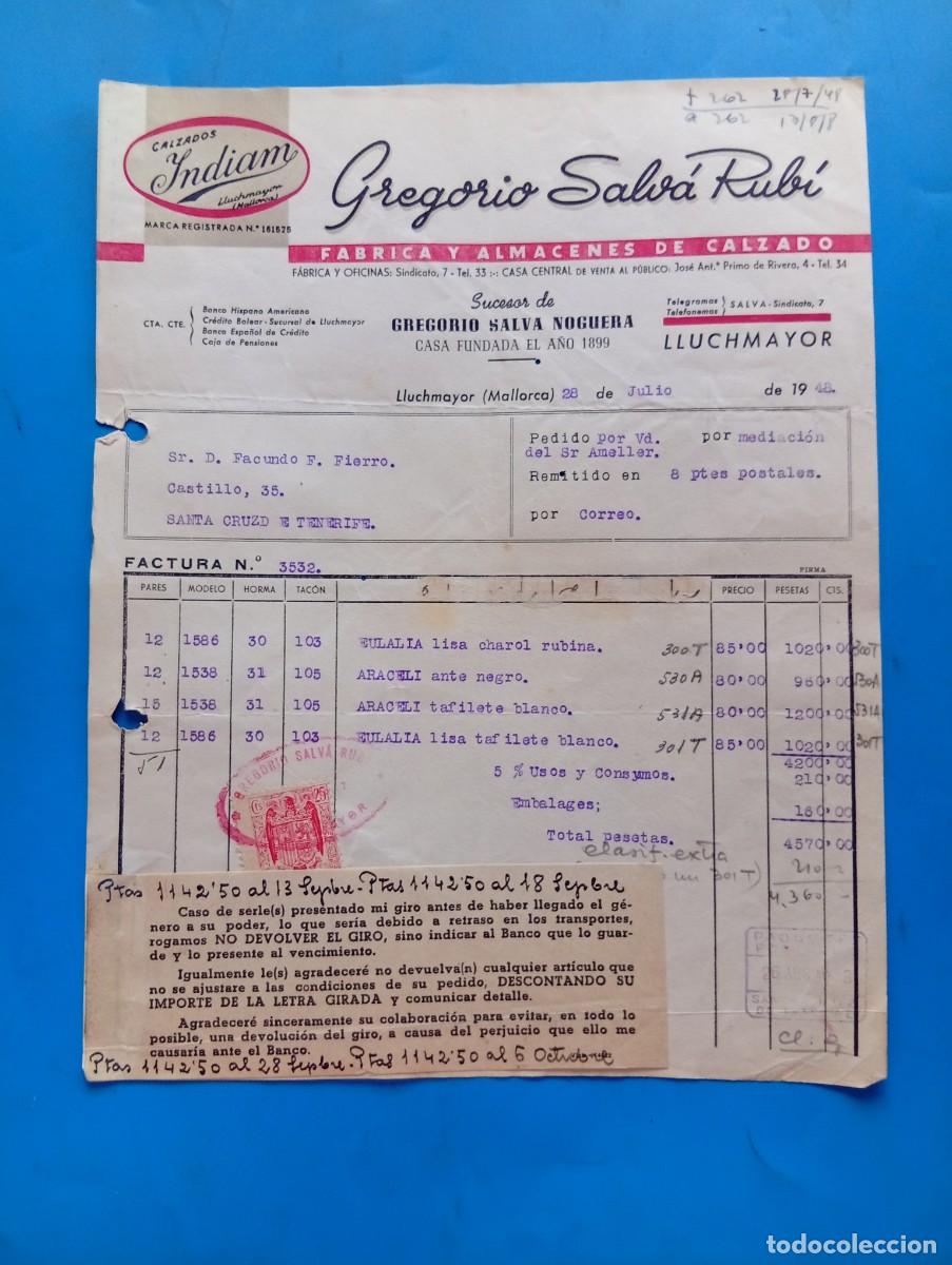 Facturas antiguas: FACTURA. LLUCHMAYOR, MALLORCA. 1948. FABRICA Y ALMACENES DE CALZADO. INDIAM. GREGORIO SALVA RUBI.