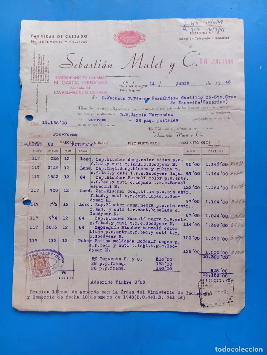 Facturas antiguas: FACTURA. LLUCHMAYOR, MALLORCA. 1948. FABRICAS DE CALZADO. SEBASTIAN MULET Y C&ordf;.