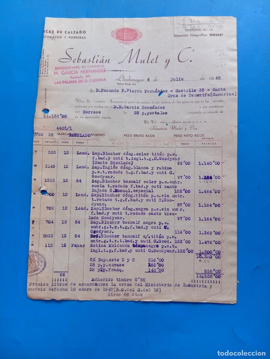 Facturas antiguas: FACTURA. LLUCHMAYOR, MALLORCA. 1948. FABRICAS DE CALZADO. SEBASTIAN MULET Y C&ordf;.