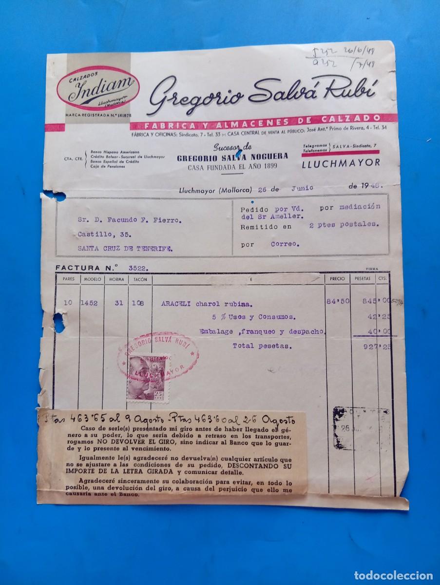Facturas antiguas: FACTURA. LLUCHMAYOR, MALLORCA. 1948. FABRICA Y ALMACENES DE CALZADO. INDIAM. GREGORIO SALVA RUBI.