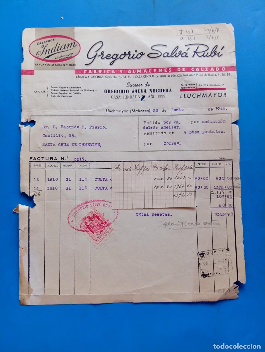 Facturas antiguas: FACTURA. LLUCHMAYOR, MALLORCA. 1948. FABRICA Y ALMACENES DE CALZADO. INDIAM. GREGORIO SALVA RUBI.