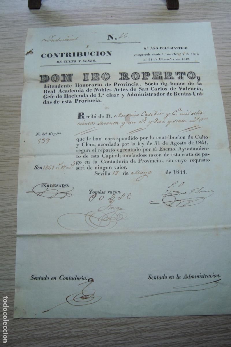 Facturas antiguas: ANTIGUO RECIBO CONTRIBUCION CULTO Y CLERO. ANTONIO CREIBIT Y CIA. SEVILLA 1844.