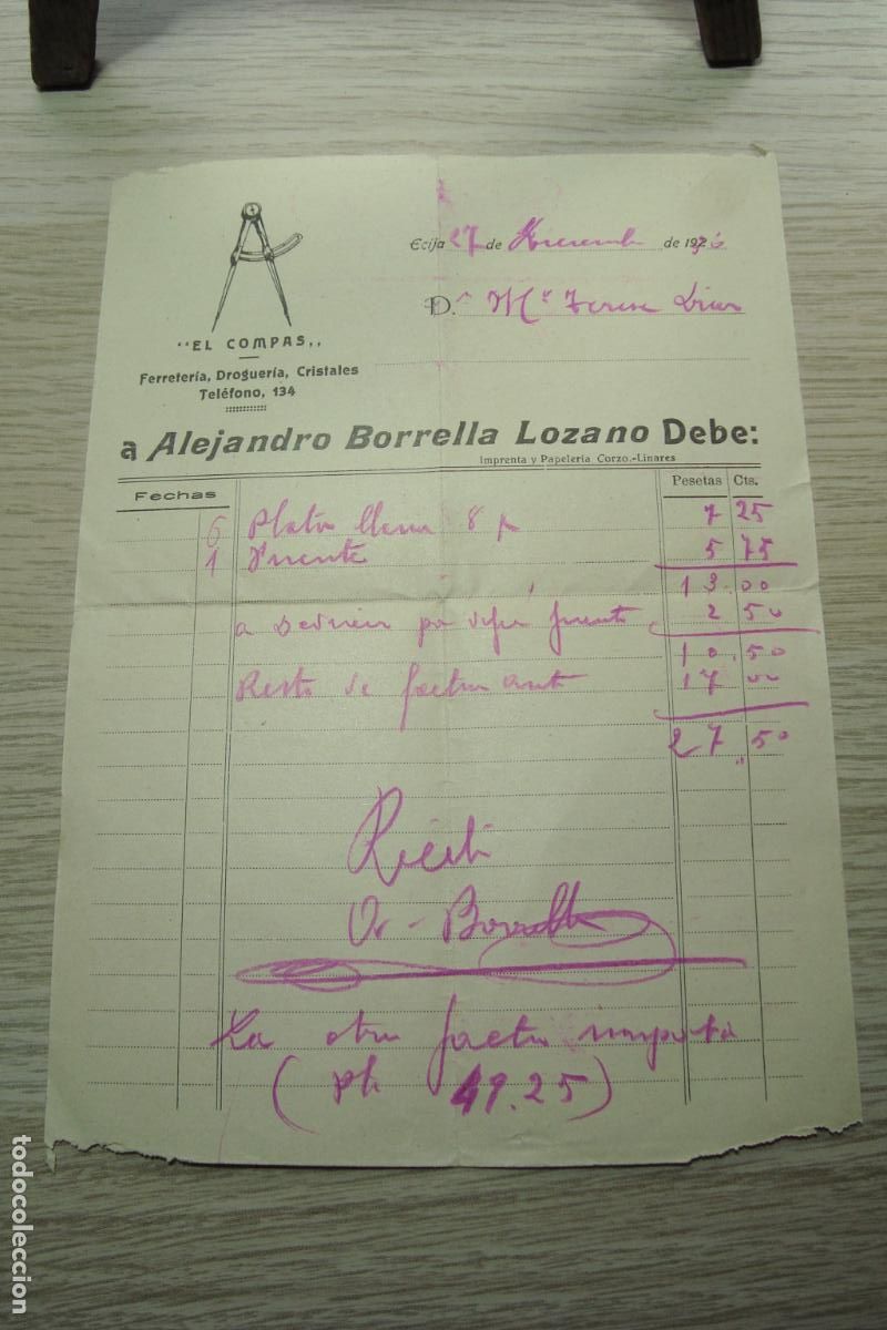 Facturas antiguas: ANTIGUA FACTURA FERRETERIA EL COMPAS. ALEJANDRO BORRELLA LOZANO. ECIJA 1936?