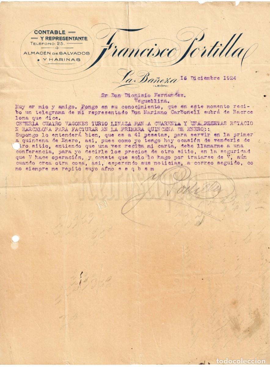 Facturas antiguas: FACTURA CONTABLE Y REPRESENTANTE ALMAC&Eacute;N DE HARINAS FRANCISCO PORTILLA. LA BA&Ntilde;EZA LE&Oacute;N 1924
