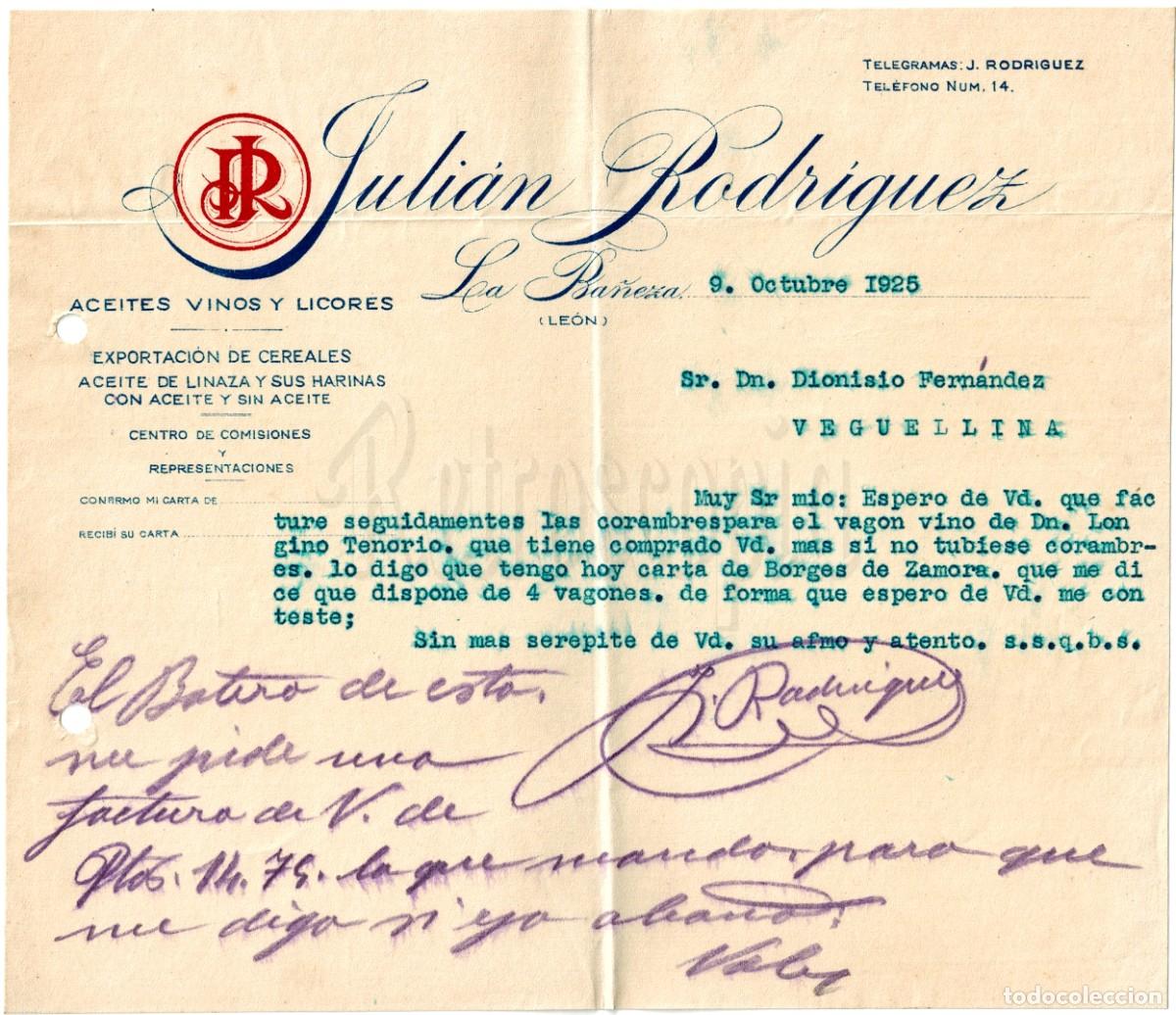 Facturas antiguas: FACTURA CARTA COMERCIAL EXPORTACI&Oacute;N DE ACEITES VINOS LICORES JULI&Aacute;N RODR&Iacute;GUEZ. LA BA&Ntilde;EZA LE&Oacute;N 1925