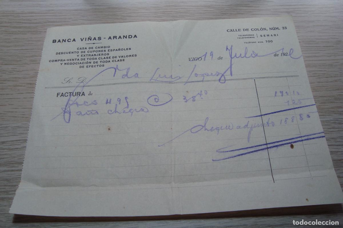 Facturas antiguas: ANTIGUA FACTURA BANCA VI&Ntilde;AS - ARANDA. CASA DE CAMBIO. COMPRA VENTA VALORES. VIGO 1921?