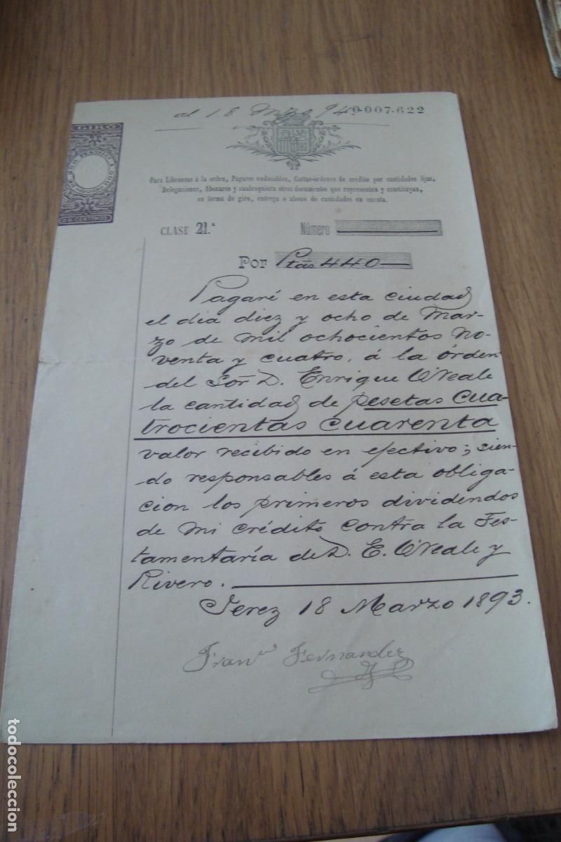Facturas antiguas: ANTIGUO PAGARES 440 PESETAS A LA ORDEN DE ENRIQUE O'REALE RIVERO. JEREZ FRONTERA 1893