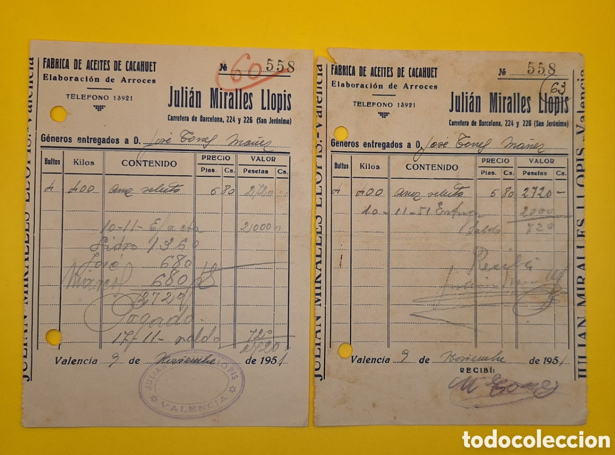 Facturas antiguas: Pareja de Facturas 400kg Arroz - F&aacute;brica Aceites Cacahuet Juli&aacute;n Miralles Llopis - Valencia - 1951 -
