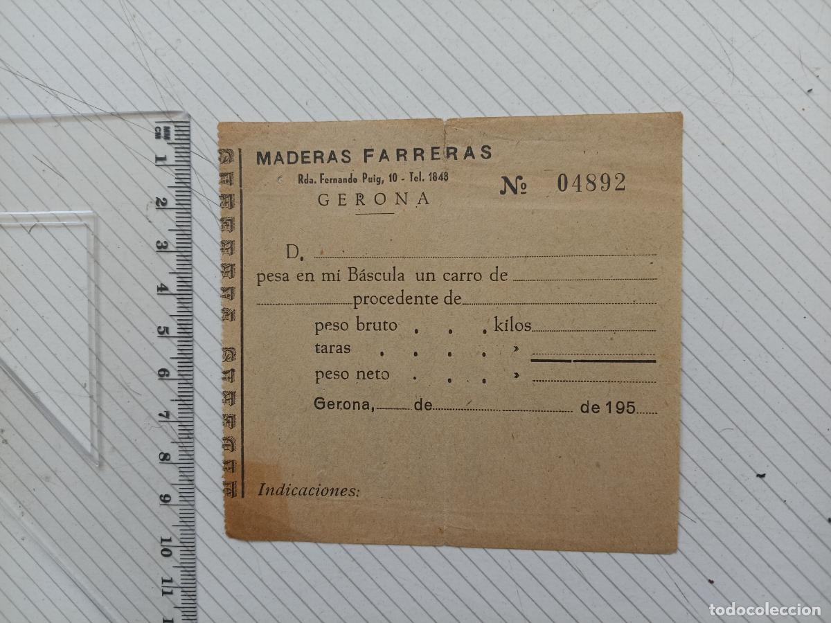 Facturas antiguas: Maderas Farreras, Gerona, peso de b&aacute;scula