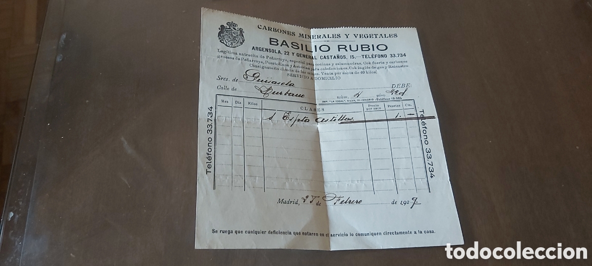 Facturas antiguas: FACTURA CARBONES MINERALES Y VEGETALES. BASILIO RUBIO. 1929