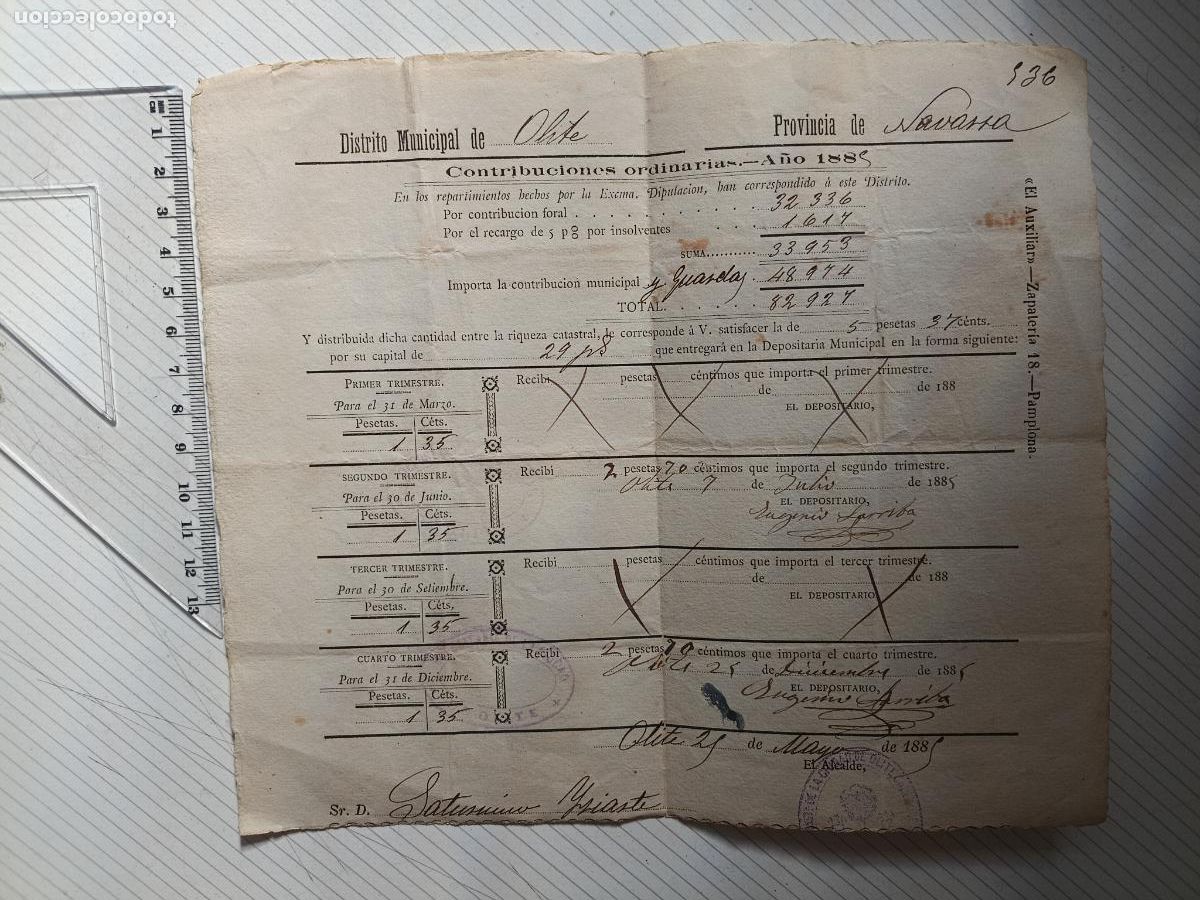 Facturas antiguas: Olite, Navarra. Recibo de contribuci&oacute;n 1885