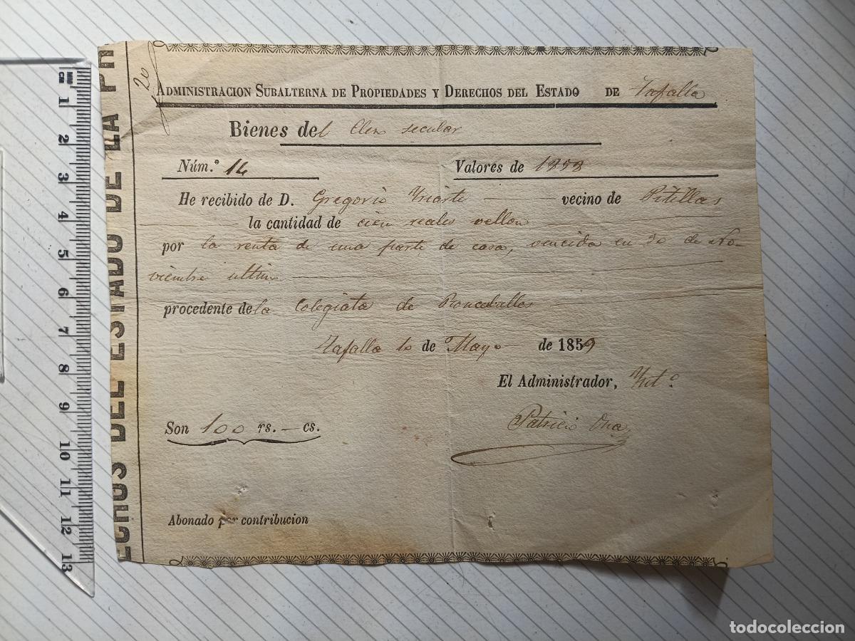 Facturas antiguas: Pitillas, Tafalla, Navarra. Recibo de contribuci&oacute;n 1858