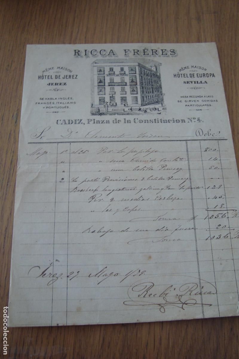 Facturas antiguas: FACTURA RICA FRERES. HOTEL JEREZ. HOTEL EUROPA SEVILLA. JEREZ FRONTERA 1879. CLEMENTE YVISON