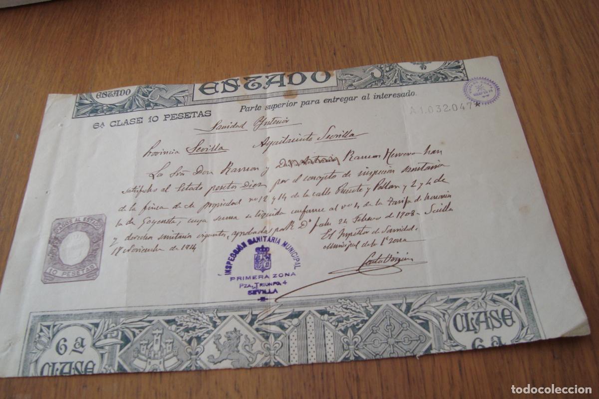 Facturas antiguas: RECIBO PAPEL DEL ESTADO TIMBRE 10 PESETAS. RAMON HERRERO. CALLE PUENTE Y PELLON. SEVILLA 1908