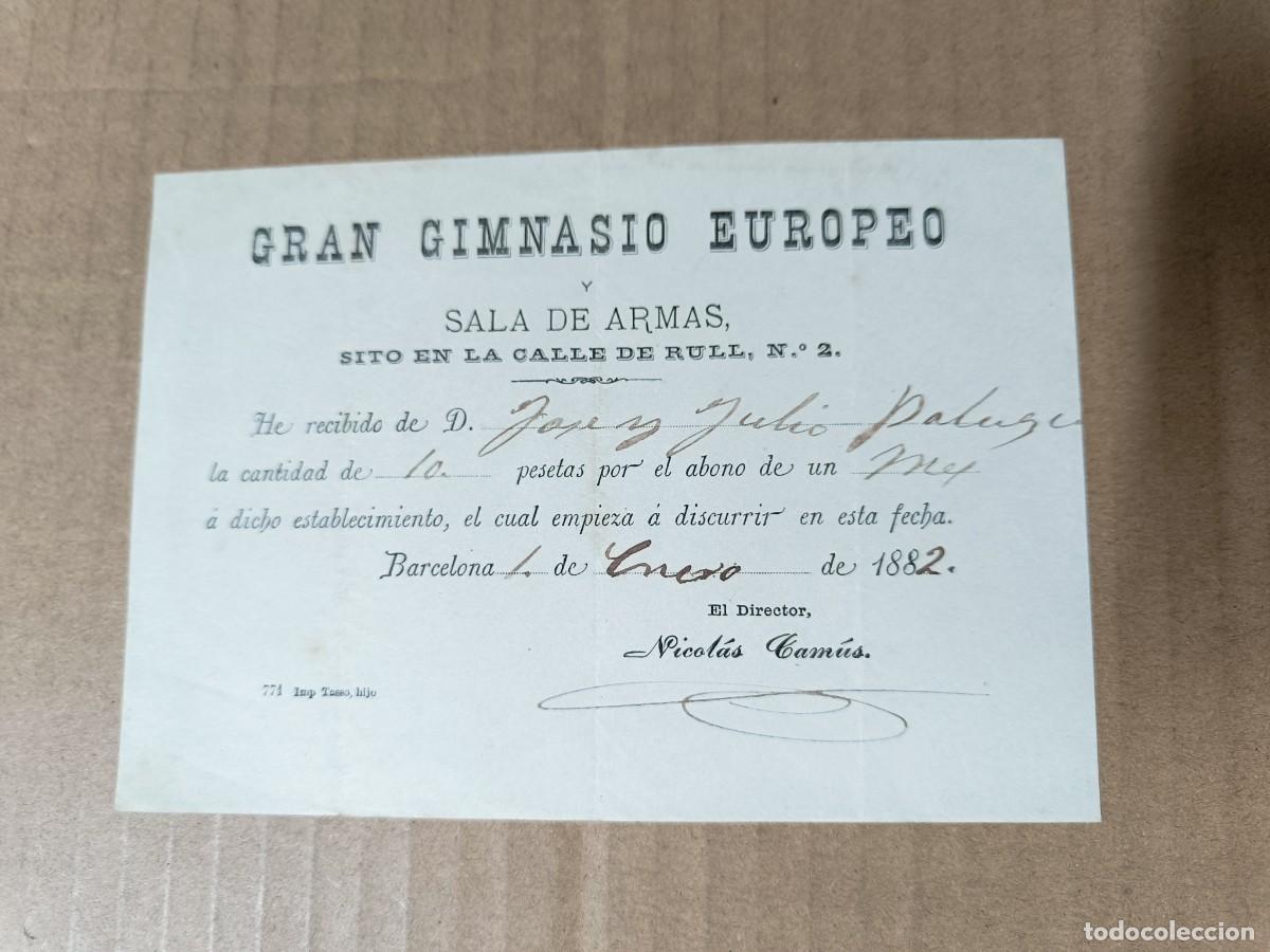 Facturas antiguas: ANTIGUO RECIBO DE 1882, GRAN GIMNASIO EUROPEO, SALA DE ARMAS, CALLE RULL, BARCELONA -P22