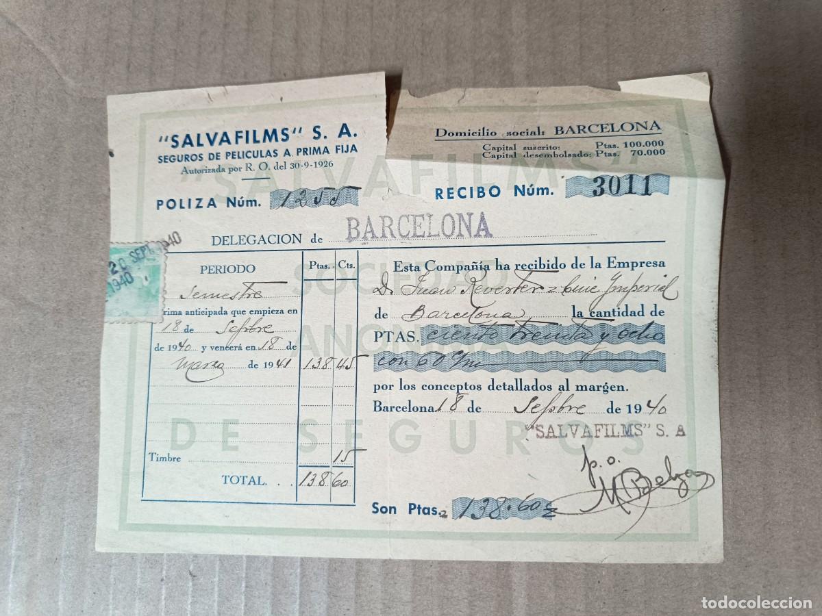 Facturas antiguas: ANTIGUO RECIBO DE 1940, SALVAFILMS, CINE, SEGUROS DE PELICULAS, BARCELONA -P22