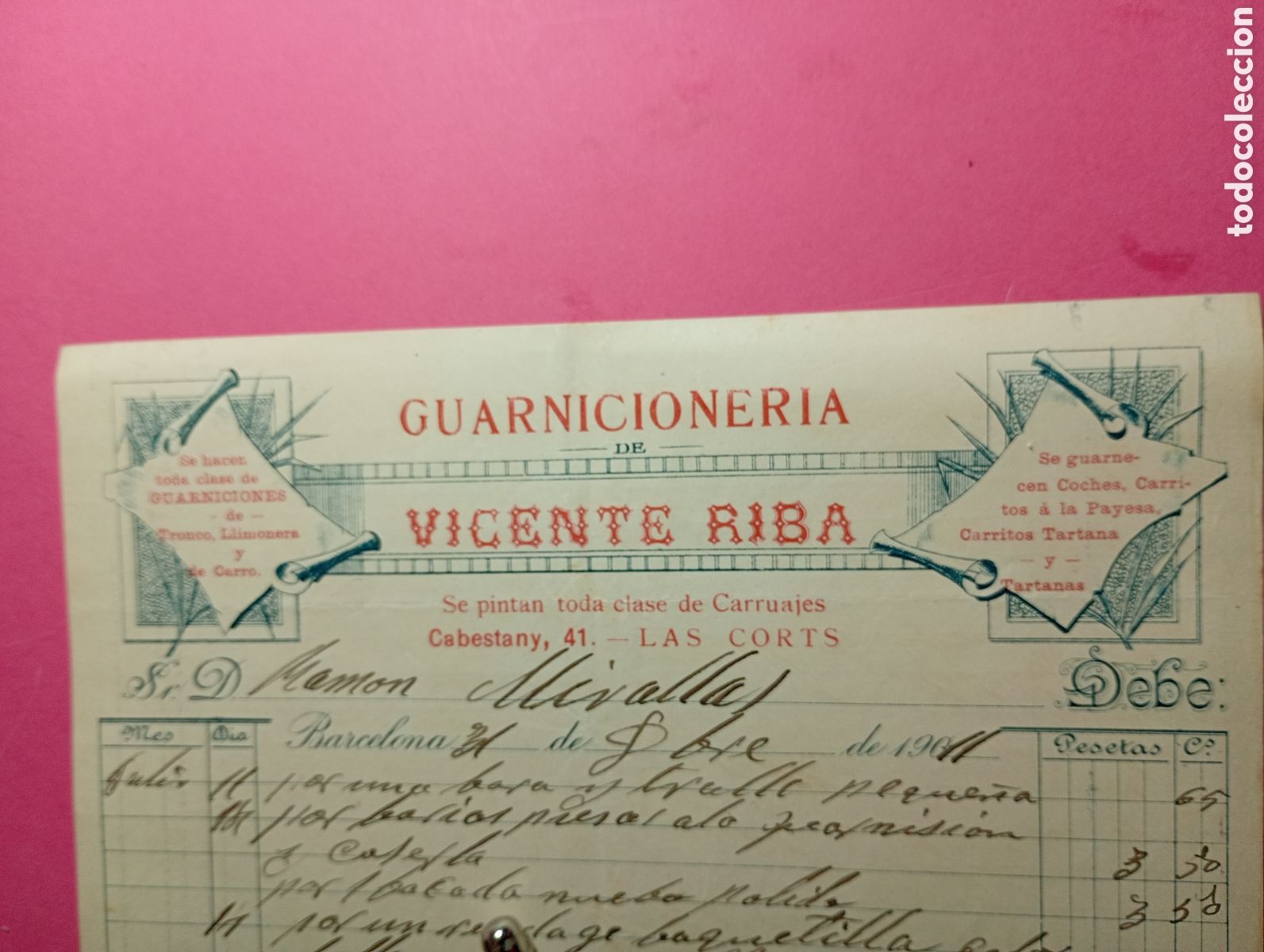 Faturas antigas: LAS CORTS GUARNICIONERIA DE VICENTE RIBA SE PINTAN TODA CLASE DE CARRUAJES PRECIOSO MEMBRETE