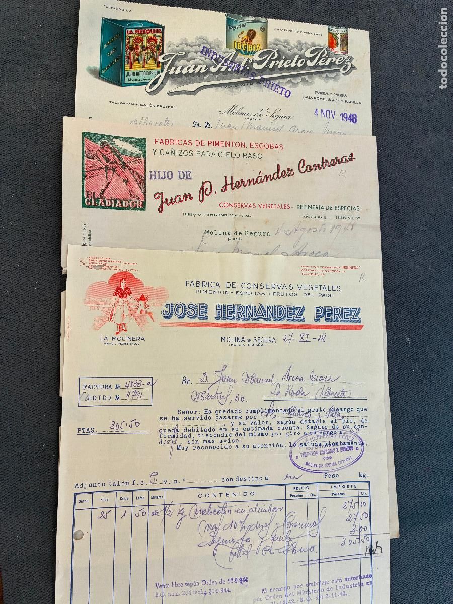 Facturas antiguas: Murcia tres facturas piment&oacute;n,conservas vegetales Molina de Segura a&ntilde;o 1948 La Molinera,El Gladiador