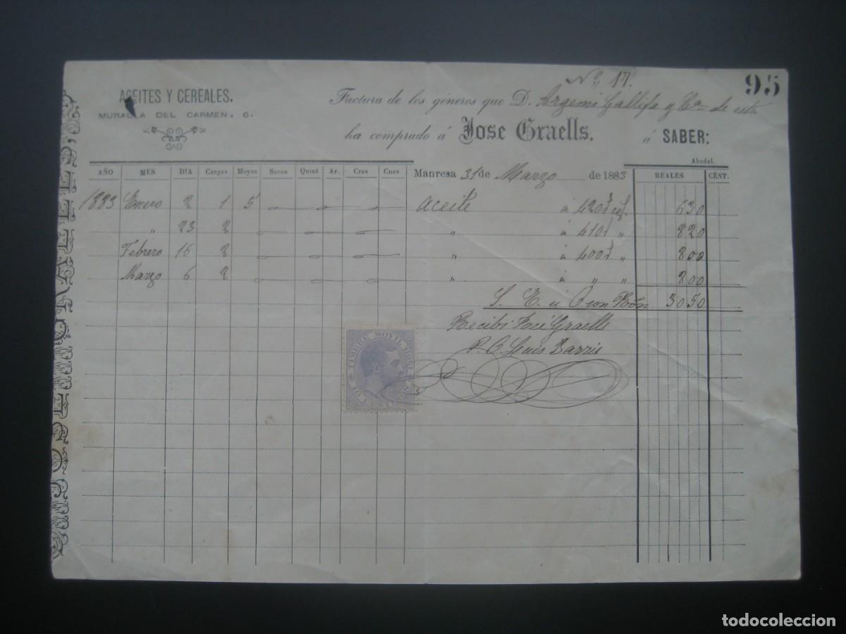 Alte Rechnungen: FACTURA ACEITES Y CEREALES JOSE GRAELLS. MANRESA 1883. CON SELLO