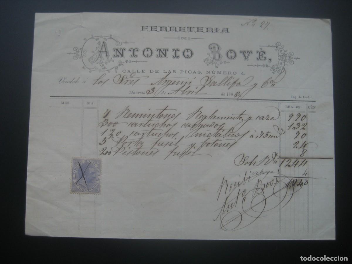 Alte Rechnungen: FACTURA FERRETERIA ANTONIO BOVE. MANRESA 1883. CON SELLO