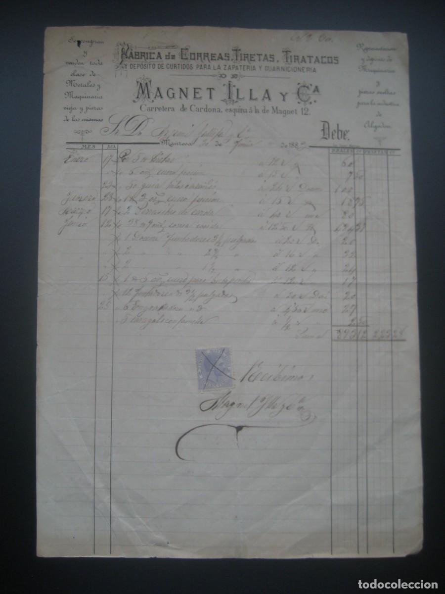 Facturas antiguas: FACTURA FABRICA DE CORREAS. MAGNET ILLA Y CIA. MANRESA 1883. CON SELLO