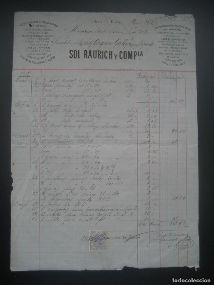 Facturas antiguas: FACTURA HIERROS ACEROS PLOMOS LATONES. SOL RAURICH Y CIA. MANRESA 1883. CON SELLO