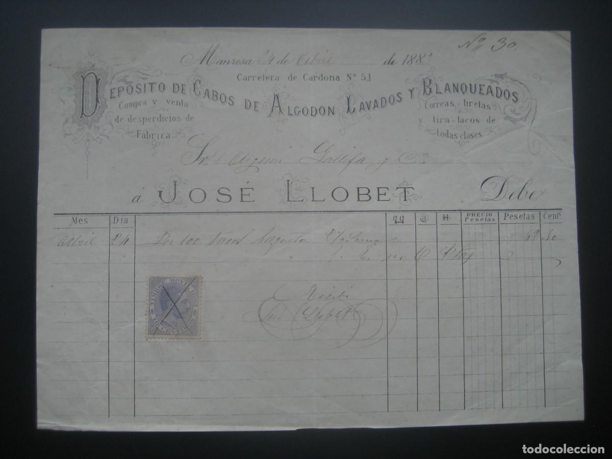 Facturas antiguas: FACTURA DEPOSITO DE CABOS DE ALGODON. JOSE LLOBET. MANRESA 1883. CON SELLO