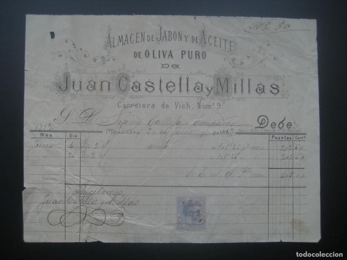 Facturas antiguas: FACTURA JABON Y ACEITE DE OLIVA PURO. JUAN CASTELLA Y MILLAS. MANRESA 1883. CON SELLO